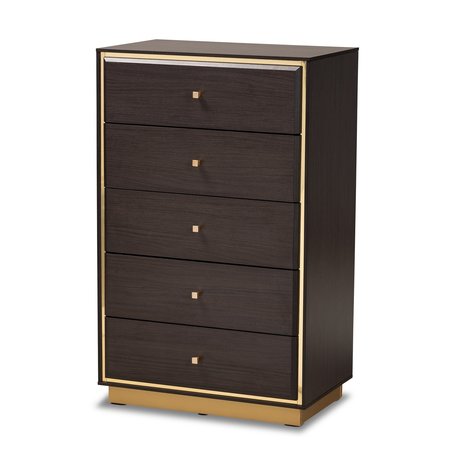 Baxton Studio Arcelia Glam and Luxe  Dark Brown and Gold Finished Wood Queen Size Bedroom Set4PC with Chest 219-12583-12139-12141-12604-ZORO